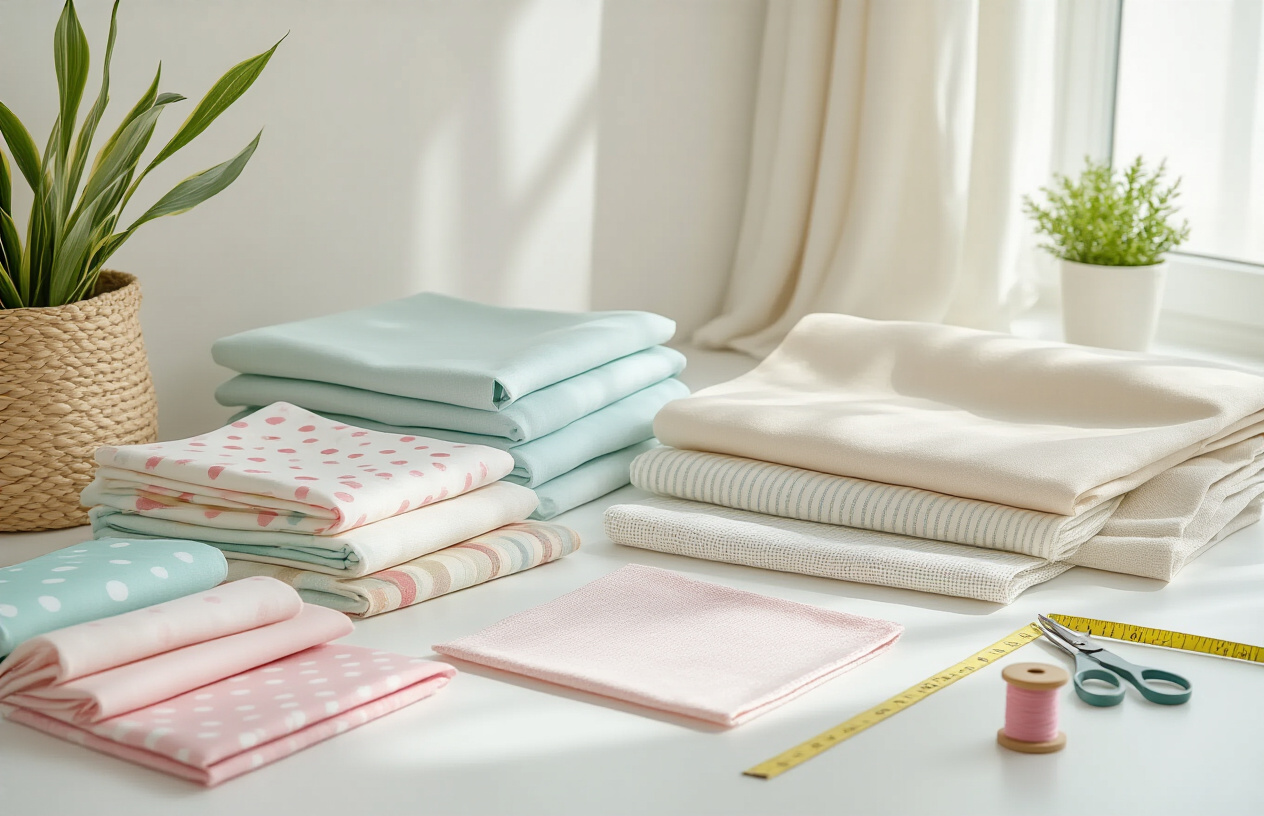 Create a realistic image of various fabric samples and swatches laid out on a clean white surface, featuring different types of child-friendly curtain materials including cotton, linen, blackout fabric, and sheer materials in soft pastel colors like light pink, baby blue, mint green, and cream, with some samples showing playful patterns like polka dots, stripes, and gentle geometric shapes, complemented by a measuring tape, fabric scissors, and a few colorful thread spools nearby, all arranged in a bright, well-lit interior setting with natural daylight creating soft shadows, absolutely NO text should be in the scene.