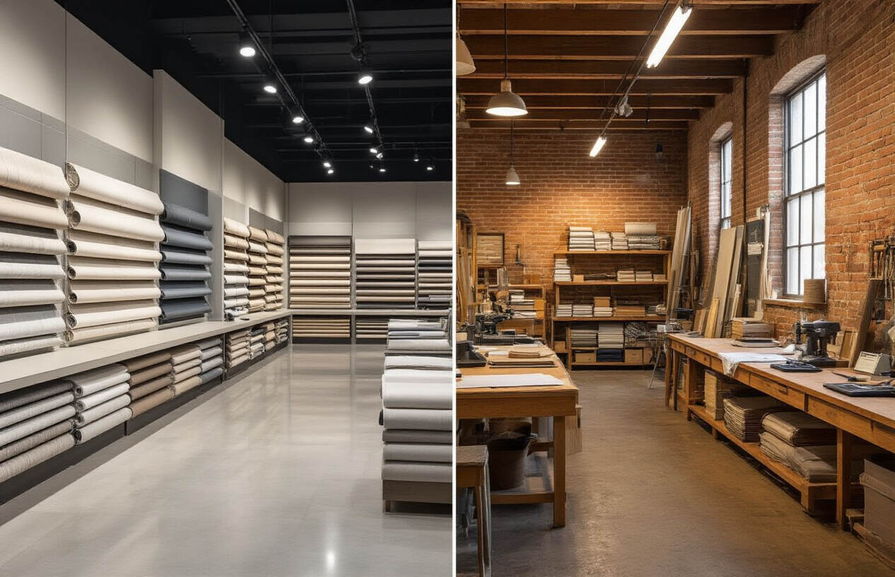 Create a realistic image of a split-screen comparison showing two different retail environments side by side - on the left, a modern upscale curtain showroom with polished floors, bright LED lighting, and neatly displayed roller blinds samples on wall-mounted displays, and on the right, a traditional workshop setting with wooden workbenches, fabric cutting tools, and rolls of curtain materials stacked against brick walls under warm overhead lighting, with price comparison charts and calculators visible on desks in both environments, featuring warm natural lighting that emphasizes the contrast between the professional retail space and artisanal workshop atmosphere, absolutely NO text should be in the scene.