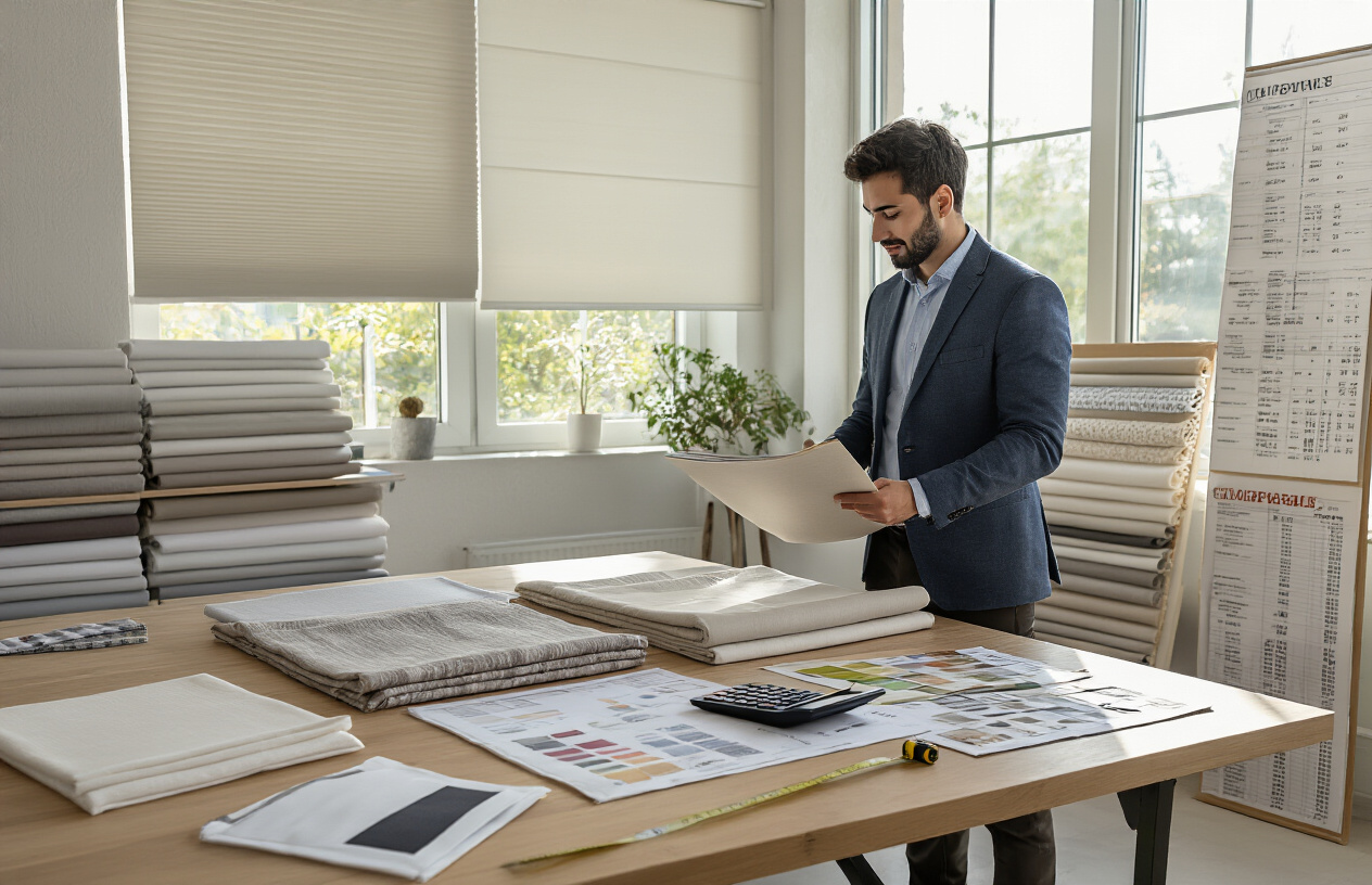 Create a realistic image of various roller blinds samples in different materials, colors and textures displayed on a wooden table, with a calculator, measuring tape, fabric swatches, and price comparison charts scattered around, in a bright interior design showroom with natural lighting from large windows, featuring a middle eastern male consultant in business attire examining the samples, absolutely NO text should be in the scene.