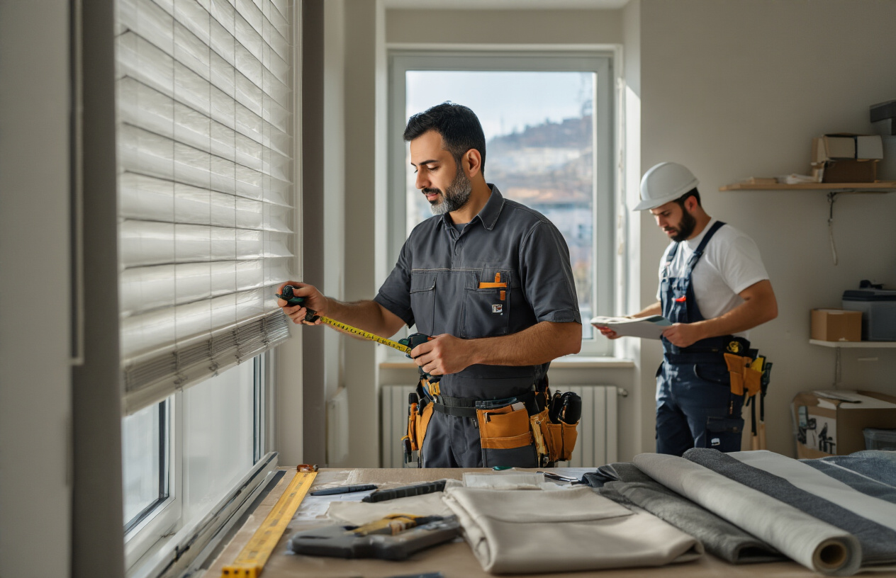 Create a realistic image of a Middle Eastern male craftsman in his 40s with dark hair wearing work clothes, carefully measuring and installing roller blinds on a modern window using professional tools like a drill and measuring tape, with another white male worker in the background assisting with the installation, in a bright contemporary living room with natural lighting streaming through the window, showing the professional service aspect of roller blind installation work, with fabric samples and installation equipment visible on a nearby table. Absolutely NO text should be in the scene.