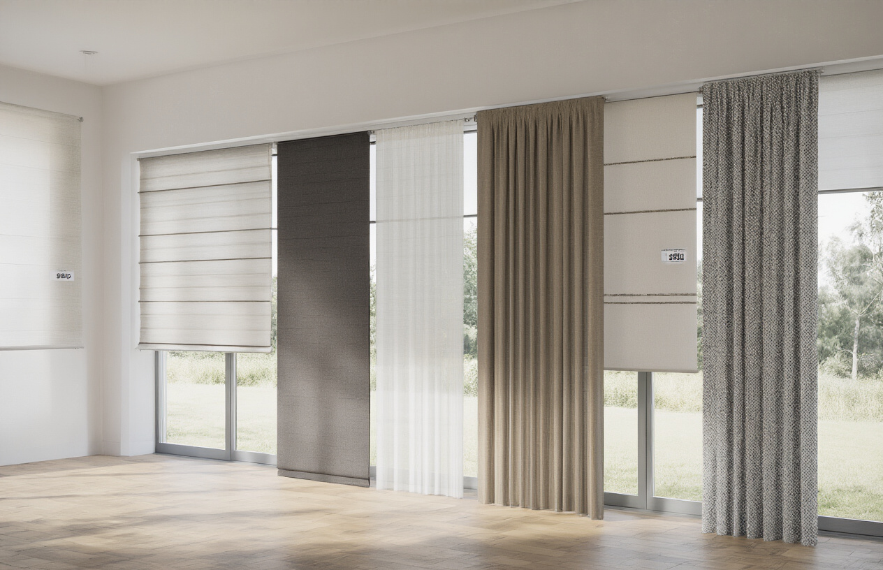 Create a realistic image of various types of roller blinds displayed side by side showing different materials and styles including sheer fabric, blackout material, and patterned options in white, beige, and gray colors, mounted on windows in a modern interior showroom setting with natural daylight streaming through, featuring price tags attached to each blind type, clean white walls and wooden flooring, professional lighting that highlights the texture differences between fabric types, absolutely NO text should be in the scene.