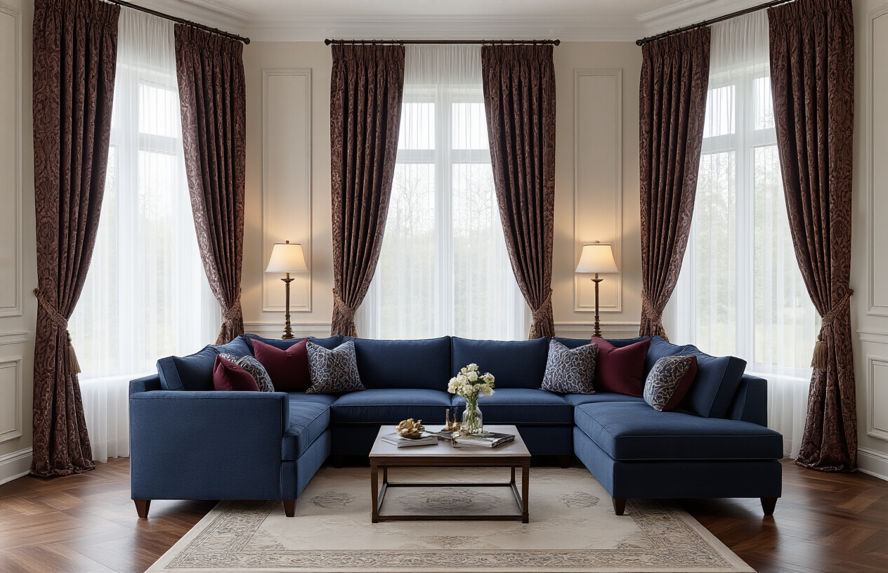 Create a realistic image of a luxurious living room interior showcasing custom-made furniture and window treatments, featuring an elegant sectional sofa with rich fabric upholstery in deep blue or burgundy colors, perfectly fitted custom curtains with intricate patterns hanging from ceiling-to-floor windows, complementary throw pillows arranged on the sofa, a coffee table positioned in front, warm ambient lighting from table lamps and natural light filtering through the curtains, polished hardwood floors, and neutral wall colors that highlight the custom furnishings, emphasizing the quality craftsmanship and perfect fit of all tailored elements, Absolutely NO text should be in the scene.