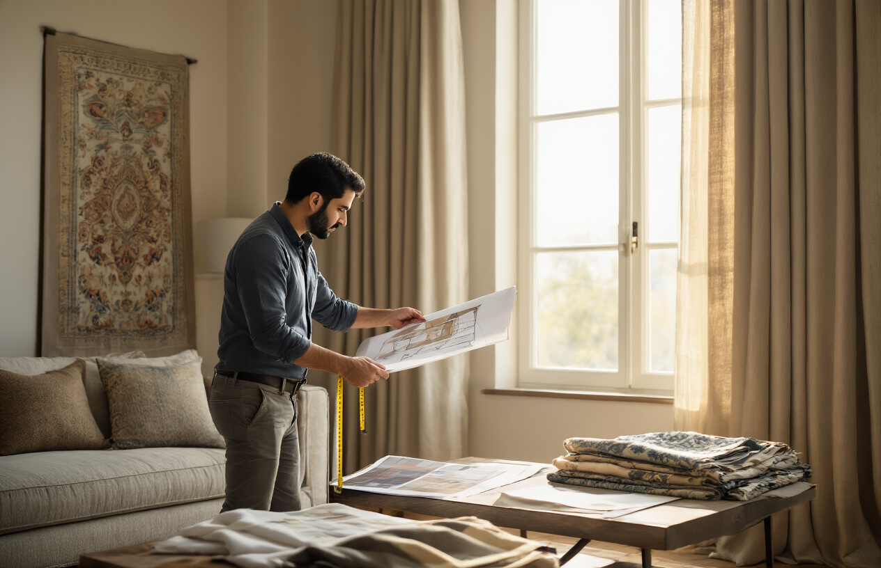 Create a realistic image of a Middle Eastern male interior designer in his 30s measuring a living room window with a measuring tape while holding design sketches, with fabric samples for curtains and upholstery scattered on a nearby coffee table, a partially visible sofa in the background, warm natural lighting coming through the window, professional and focused atmosphere, showing the process of custom furniture and curtain design consultation, absolutely NO text should be in the scene.