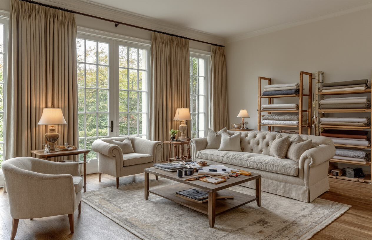 Create a realistic image of a beautifully furnished living room showcasing custom-made furniture and window treatments, featuring an elegant upholstered sofa with luxurious fabric in neutral tones, flowing custom curtains in complementary colors hanging from ceiling-mounted rods, a coffee table with fabric samples and measuring tools neatly arranged on top, warm ambient lighting from table lamps creating a cozy atmosphere, wooden flooring with an area rug, and a professional workshop setting visible in the background with rolled fabrics and sewing equipment, conveying completion and satisfaction of custom tailoring services, absolutely NO text should be in the scene.