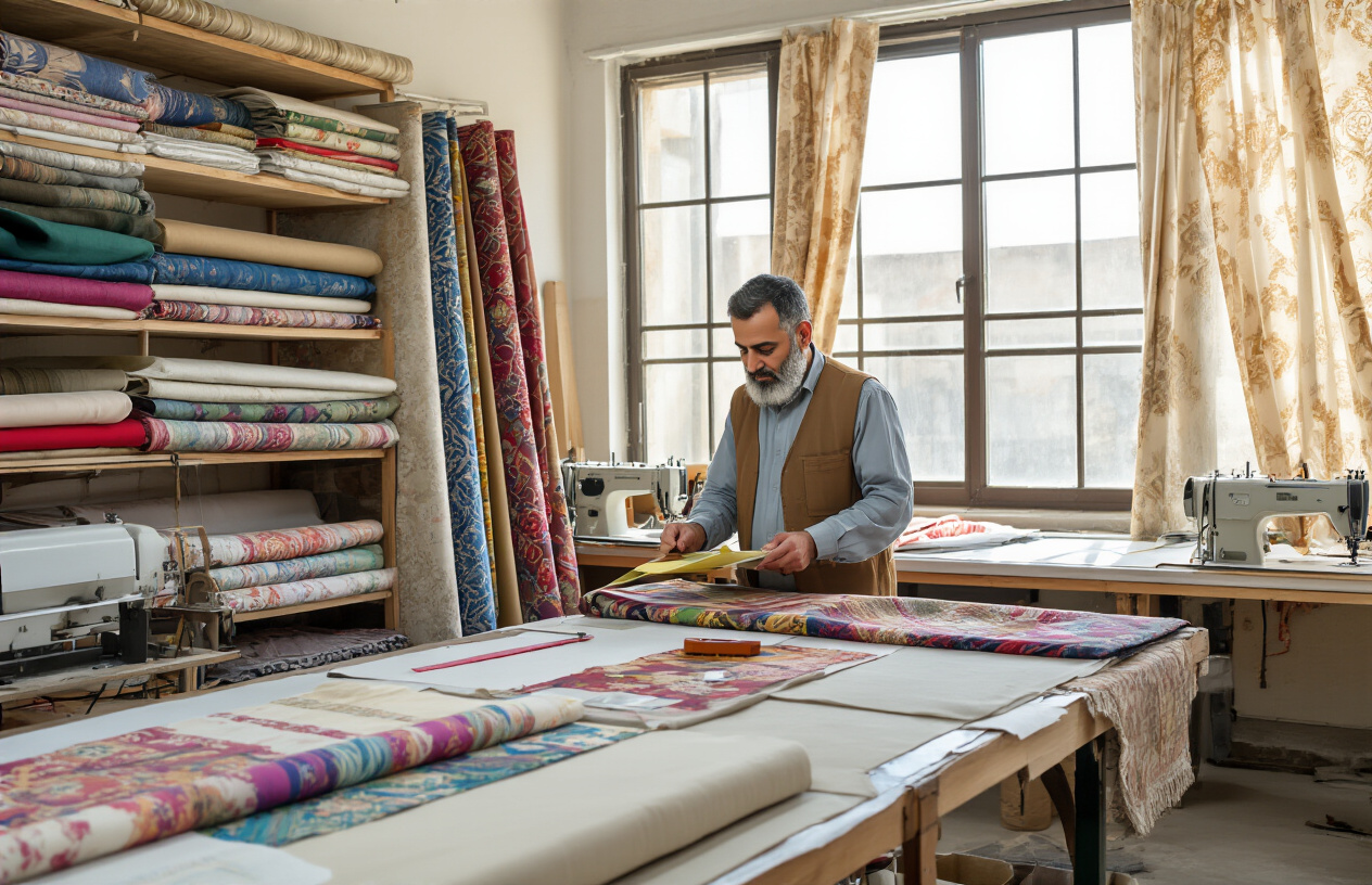 Create a realistic image of a Middle Eastern male craftsman in his 40s examining fabric samples and measuring tools in a well-organized upholstery workshop, with rolls of colorful fabrics on shelves, sewing machines, cutting tables with measuring rulers, curtain samples hanging on display racks, partially completed sofa cushions on work surfaces, good natural lighting from large windows, and a professional atmosphere showing quality craftsmanship environment, absolutely NO text should be in the scene.