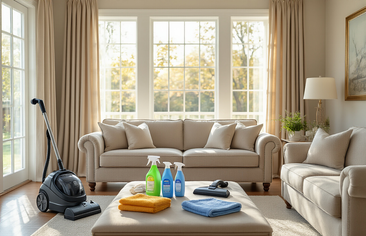 Create a realistic image of a well-maintained living room showcasing custom sofas and curtains with cleaning supplies and maintenance tools arranged nearby, including a vacuum cleaner, fabric cleaner spray bottles, microfiber cloths, and a lint roller placed on a coffee table, with beautiful tailored curtains hanging at windows and an upholstered sofa in excellent condition, warm natural lighting streaming through the windows creating a clean and organized home maintenance scene, absolutely NO text should be in the scene.