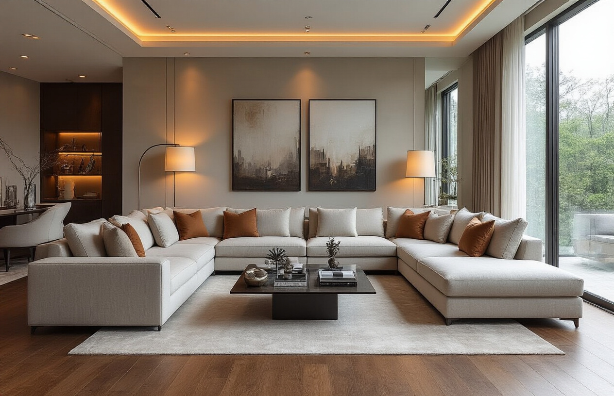 Create a realistic image of a luxurious American-style sectional sofa in a modern contemporary living room, featuring a large L-shaped or U-shaped couch with plush cushions and premium fabric upholstery in neutral tones, positioned in an elegantly designed space with sleek furniture, modern decor accessories, warm ambient lighting from floor lamps and recessed ceiling lights, polished hardwood floors, large windows with natural light streaming in, a glass coffee table with decorative items, contemporary artwork on the walls, and a sophisticated color palette showcasing the comfort and style benefits of American sofas in modern home interiors, absolutely NO text should be in the scene.