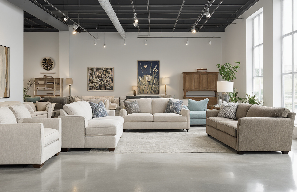 Create a realistic image of a modern furniture showroom interior displaying multiple American-style sofas and sectionals in various colors and fabrics, with professional lighting highlighting the upholstery details, polished concrete floors, white walls, and a clean contemporary atmosphere showcasing local furniture craftsmanship, absolutely NO text should be in the scene.