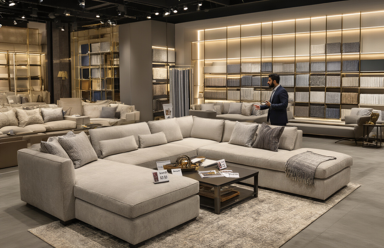 Create a realistic image of a modern living room interior showing multiple American-style sofas of different sizes arranged to demonstrate proper spacing and proportions, with a large sectional sofa against one wall, a medium loveseat, and a single armchair, all in neutral colors like beige and gray, positioned on a light wooden floor with adequate walking space between furniture pieces, natural lighting from large windows, clean minimalist background with white walls, and a measuring tape placed on a coffee table suggesting size consideration, absolutely NO text should be in the scene.
