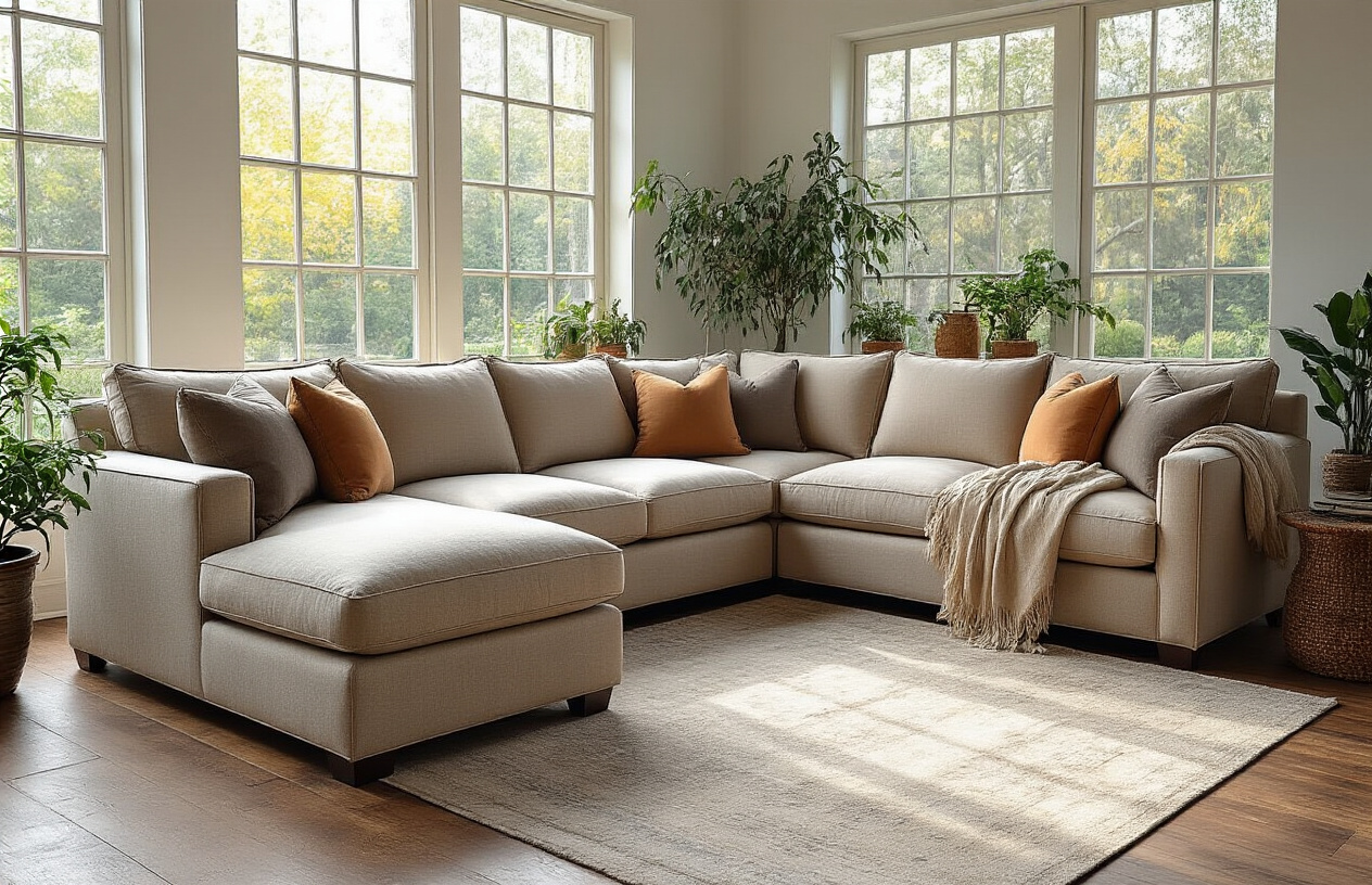 Create a realistic image of a beautifully crafted American-style sectional sofa in a modern living room setting, featuring rich fabric upholstery in neutral tones, with decorative throw pillows and a soft blanket draped over one corner, positioned on a wooden floor with a contemporary area rug underneath, natural lighting streaming through large windows creating a warm and inviting atmosphere, with some potted plants and modern decor elements in the background, showcasing the quality craftsmanship and comfort of custom-made furniture, absolutely NO text should be in the scene.