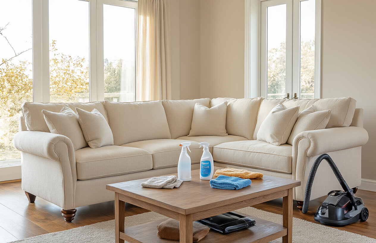 Create a realistic image of a luxurious American-style sectional sofa in beige or cream fabric being carefully cleaned and maintained, showing cleaning supplies like fabric cleaner spray bottle, microfiber cloths, vacuum cleaner with upholstery attachment, and leather conditioner arranged neatly on a wooden coffee table nearby, set in an elegant modern living room with warm natural lighting from large windows, polished hardwood floors, and neutral wall colors, capturing a scene of proper furniture care and maintenance. Absolutely NO text should be in the scene.