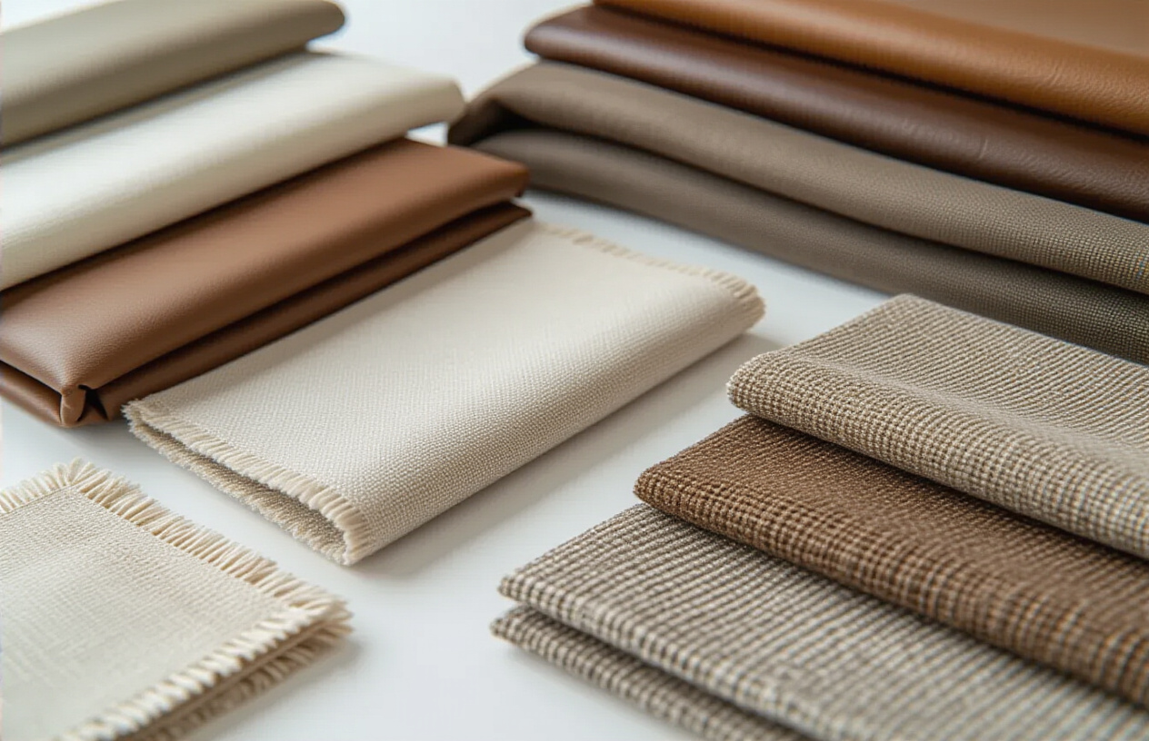 Create a realistic image of various fabric samples and swatches laid out on a clean white surface, showcasing different types of American sofa upholstery materials including leather, velvet, linen, cotton, and microfiber textures in neutral and rich colors, with close-up details of fabric weaves and textures visible, soft natural lighting highlighting the material qualities and characteristics, fabric color cards and texture samples arranged in an organized display, absolutely NO text should be in the scene.