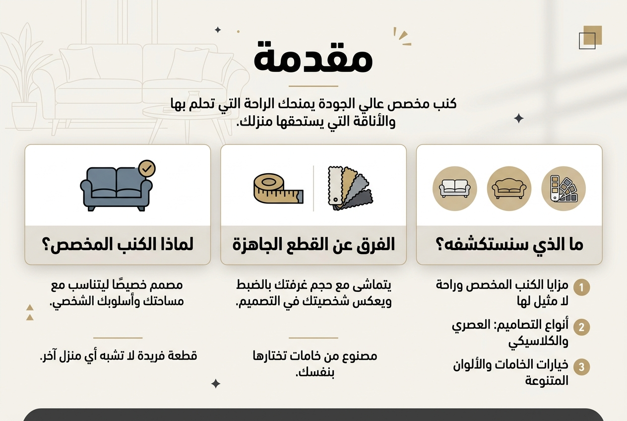Create a full-bleed professional infographic illustration in a 3:2 aspect ratio, Arabic language, clean modern design, wide horizontal layout with no inset frame, no vertical poster stack. Use a luxurious home-interior color palette: deep beige, warm white, soft gray, muted gold, and dark charcoal accents. Use bold Arabic sans-serif typography with a clear visual hierarchy.Top section:- Large bold heading centered at the top: "مقدمة"- Under the heading, a short subheading in smaller text: "كنب مخصص عالي الجودة يمنحك الراحة التي تحلم بها والأناقة التي يستحقها منزلك."Main body arranged in three wide horizontal blocks or cards across the page, each with a distinct icon and title:Left block:- Blue-gray sofa icon with a checkmark- Title: "لماذا الكنب المخصص؟"- Body text: "مصمم خصيصًا ليتناسب مع مساحتك وأسلوبك الشخصي."- Small supporting line: "قطعة فريدة لا تشبه أي منزل آخر."Center block:- Measuring tape icon and fabric swatches icon- Title: "الفرق عن القطع الجاهزة"- Body text: "يتماشى مع حجم غرفتك بالضبط ويعكس شخصيتك في التصميم."- Body text below: "مصنوع من خامات تختارها بنفسك."Right block:- Three small circular icons in a row: modern sofa, classic sofa, color palette- Title: "ما الذي سنستكشفه؟"- Numbered points:  1. "مزايا الكنب المخصص وراحة لا مثيل لها"  2. "أنواع التصاميم: العصري والكلاسيكي"  3. "خيارات الخامات والألوان المتنوعة"Add subtle decorative elements: soft line art of a living room sofa background, small geometric accents, and gentle shadows. Keep all text crisp and legible, aligned neatly, with strong spacing and clean section dividers. Use a polished editorial infographic style with elegant iconography and balanced composition.