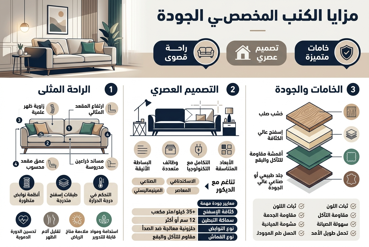 Infographic illustration, aspect ratio 3:2, full-bleed wide horizontal layout, clean modern Arabic design, premium furniture theme, white background with deep navy, beige, warm gray, and muted emerald accents, elegant sans-serif Arabic typography, bold title at the top center: "مزايا الكنب المخصص عالي الجودة".Main layout: three wide horizontal sections across the canvas with icons and compact callout blocks, no vertical poster frame, no narrow centered stack.Top band under title: a hero illustration of a stylish custom sofa in a modern living room, with soft glow, alongside three large labeled badges with icons:- icon of a sofa: "راحة قصوى"- icon of a house: "تصميم عصري"- icon of a shield: "خامات متميزة"Section 1 on the left: "الراحة المثلى"Use a sofa cross-section diagram with four numbered callouts and small icons:1. "ارتفاع المقعد المثالي" with ruler icon2. "عمق مقعد محسوب" with seat-depth icon3. "زاوية ظهر علمية" with spine icon4. "مساند ذراعين مدروسة" with armrest iconBelow it, three small feature chips with icons:- spring icon: "أنظمة نوابض متطورة"- foam layers icon: "طبقات إسفنج متدرجة"- thermometer icon: "التحكم في درجة الحرارة"Section 2 in the center: "التصميم العصري"Show a sleek modern sofa silhouette with geometric lines and a decor mockup, plus four icons in a row:- minimal lines icon: "البساطة الأنيقة"- storage box icon: "وظائف متعددة"- charging plug icon: "التكامل مع التكنولوجيا"- grid icon: "الأبعاد المتناسقة"Add a small cluster of four style tags:- "الاسكندنافي"- "الصناعي"- "المعاصر"- "المينيماليستي"Add a small visual note with bold text: "تناغم مع الديكور"Section 3 on the right: "الخامات والجودة"Use layered material samples with icons and labels:- wood grain icon: "خشب صلب"- cushion layers icon: "إسفنج عالي الكثافة"- fabric swatch icon: "أقمشة مقاومة للتآكل والبقع"- leather icon: "جلد طبيعي أو صناعي عالي الجودة"Below, a small quality checklist with check icons:- "ثبات اللون"- "مقاومة التآكل"- "سهولة الصيانة"- "تحمل طويل الأمد"Bottom strip across the full width: a compact benefits bar with four icons and short labels:- heart icon: "تحسين الدورة الدموية"- back support icon: "تقليل آلام الظهر"- sun and humidity icon: "ملاءمة مناخ الرياض"- leaf icon: "استدامة ومواد قابلة للتدوير"Include a small comparison table-style block near the bottom center with clear Arabic text:Header: "معايير جودة مهمة"Rows:"كثافة الإسفنج | 35+ كيلو/متر مكعب""سماكة التبطين | 12 سم أو أكثر""نوع النوابض | حلزونية معالجة ضد الصدأ""نوع القماش | مقاوم للتآكل والبقع"Add subtle decorative lines, soft shadows, and thin separators between sections, polished corporate infographic style, balanced spacing, crisp vector shapes, high readability, premium interior design aesthetics.