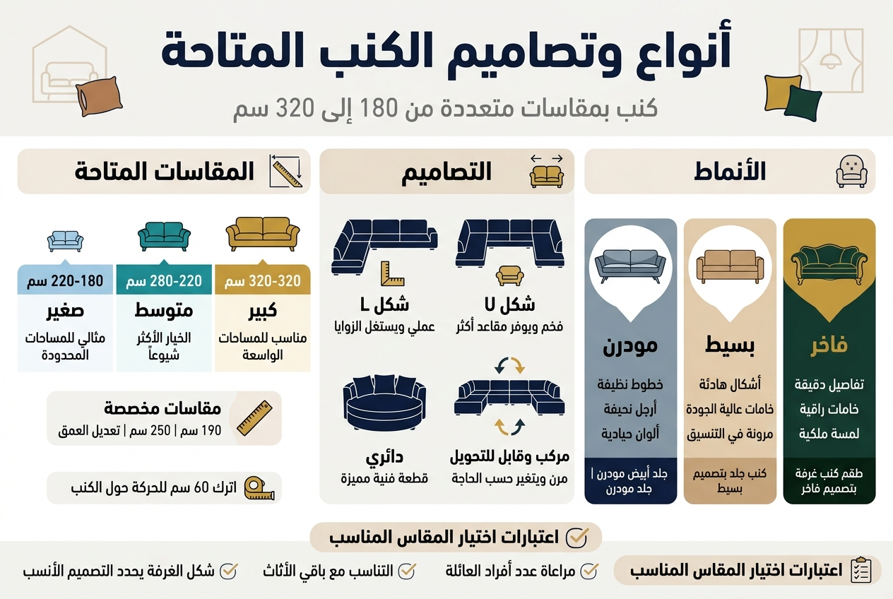Create a full-bleed professional Arabic infographic illustration in aspect ratio 3:2, modern clean layout, wide horizontal composition, no poster frame, no inset margins.Top header spanning full width: bold large Arabic title in dark navy, centered: "أنواع وتصاميم الكنب المتاحة"Subtitle below in smaller gray text: "كنب بمقاسات متعددة من 180 إلى 320 سم"Use a white background with soft beige and light gray panels, accent colors in navy, gold, teal, and warm brown. Arabic modern sans-serif font, strong visual hierarchy, crisp readable text.Main layout in three wide horizontal sections:SECTION 1 on the left half: "المقاسات المتاحة"Place a horizontal scale/size bar with four colored blocks and small sofa icons above each block.Block 1 in light blue with icon of small sofa and text:"180-220 سم" "صغير""مثالي للمساحات المحدودة"Block 2 in teal with icon and text:"220-280 سم""متوسط""الخيار الأكثر شيوعاً"Block 3 in gold with icon and text:"280-320 سم""كبير""مناسب للمساحات الواسعة"Block 4 as a small custom badge below with ruler icon:"مقاسات مخصصة""190 سم | 250 سم | تعديل العمق"Add a small note box with measuring tape icon:"اترك 60 سم للحركة حول الكنب"SECTION 2 in the center: "التصاميم"Show four sofa silhouettes arranged in a grid, each with a label and icon:Top left: L-shaped sofa with label "شكل L" and text "عملي ويستغل الزوايا"Top right: U-shaped sofa with label "شكل U" and text "فخم ويوفر مقاعد أكثر"Bottom left: circular sofa with label "دائري" and text "قطعة فنية مميزة"Bottom right: modular sofa with label "مركب وقابل للتحويل" and text "مرن ويتغير حسب الحاجة"Use small arrows and rearrangement symbols around the modular sofa.SECTION 3 on the right half: "الأنماط"Display three vertical style cards with distinct visuals:Card 1 in modern gray/blue with sleek sofa icon:"مودرن""خطوط نظيفة""أرجل نحيفة""ألوان حيادية""جلد أبيض مودرن | جلد مودرن"Card 2 in warm beige with simple sofa icon:"بسيط""أشكال هادئة""خامات عالية الجودة""مرونة في التنسيق""كنب جلد بتصميم بسيط"Card 3 in deep gold and dark green with luxurious sofa icon:"فاخر""تفاصيل دقيقة""خامات راقية""لمسة ملكية""طقم كنب غرفة المعيشة بتصميم فاخر"Bottom footer spanning full width with checklist icons and a soft highlighted band titled:"اعتبارات اختيار المقاس المناسب"Use 4 short bullet points with check icons:"قياس مساحة الغرفة بدقة""مراعاة عدد أفراد العائلة""التناسب مع باقي الأثاث""شكل الغرفة يحدد التصميم الأنسب"Add subtle decorative room outline icons, cushions, ruler, and seating symbols. Keep the infographic elegant, balanced, and easy to read with clear spacing and strong visual separation between sections.