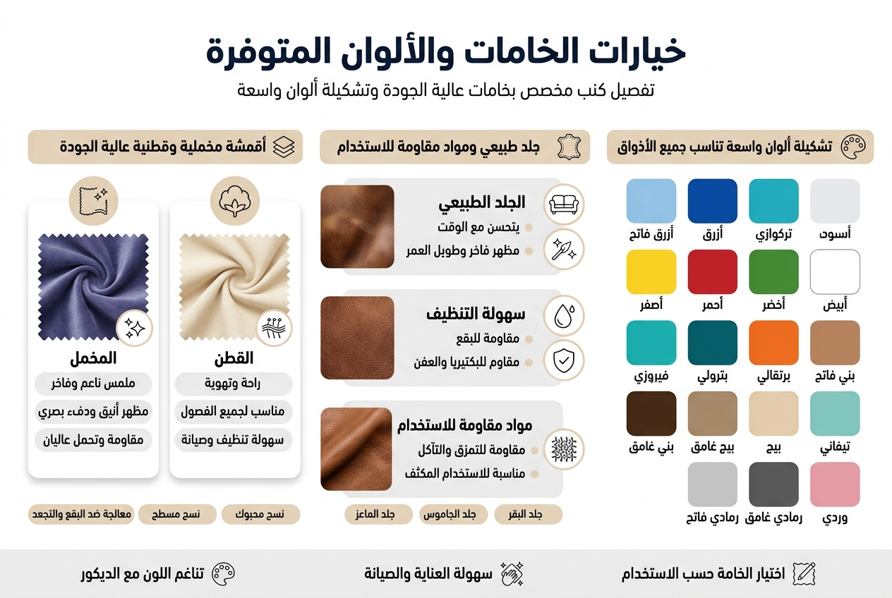 Create a clean professional Arabic infographic illustration in aspect ratio 3:2, full-bleed layout, wide horizontal composition with no poster frame. Modern premium design, white background with soft beige and light gray accents, elegant Arabic sans-serif font, bold dark navy title at the top.Top header centered:"خيارات الخامات والألوان المتوفرة"Subtitle directly below in smaller text:"تفصيل كنب مخصص بخامات عالية الجودة وتشكيلة ألوان واسعة"Main layout: three wide horizontal sections across the page, each with a clear colored header bar and simple icons.Section 1 on the left: "أقمشة مخملية وقطنية عالية الجودة"Use two side-by-side fabric cards with textured swatch visuals.- Velvet card with a soft plush fabric icon, deep blue-purple swatch, small sparkle icon, labels:  "المخمل"  "ملمس ناعم وفاخر"  "مظهر أنيق ودفء بصري"  "مقاومة وتحمل عاليان"- Cotton card with a breathable woven fabric icon, warm cream swatch, airflow icon, labels:  "القطن"  "راحة وتهوية"  "مناسب لجميع الفصول"  "سهولة تنظيف وصيانة"Add small bottom tags under the section:"نسج محبوك""نسج مسطح""معالجة ضد البقع والتجعد"Section 2 in the center: "جلد طبيعي ومواد مقاومة للاستخدام"Use three stacked feature blocks with leather texture visuals and durability icons.- Block 1 with a leather sofa icon and a patina glow icon:  "الجلد الطبيعي"  "يتحسن مع الوقت"  "مظهر فاخر وطويل العمر"- Block 2 with a cleaning drop icon and shield icon:  "سهولة التنظيف"  "مقاومة للبقع"  "مقاوم للبكتيريا والعفن"- Block 3 with a durability weave icon:  "مواد مقاومة للاستخدام"  "مقاومة للتمزق والتآكل"  "مناسبة للاستخدام المكثف"Add small circular labels for leather types:"جلد البقر""جلد الجاموس""جلد الماعز"Section 3 on the right: "تشكيلة ألوان واسعة تناسب جميع الأذواق"Display a neat grid of 3 columns by 6 rows of large color swatches with Arabic labels under each swatch. Use vivid but tasteful colors. Include these exact labels:"أزرق فاتح" "أزرق" "تركوازي""أصفر" "أحمر" "أخضر""أبيض" "أسود" "فيروزي""بترولي" "برتقالي" "بني فاتح""بني غامق" "بيج غامق" "بيج""تيفاني" "رمادي فاتح" "رمادي غامق""وردي"Use small matching paint-drop or palette icons next to the section title.Footer strip across the bottom with three small icons and short text:"اختيار الخامة حسب الاستخدام""سهولة العناية والصيانة""تناغم اللون مع الديكور"Style: premium catalog infographic, crisp lines, subtle shadows, balanced spacing, clear hierarchy, icon-based, polished and modern, high readability, Arabic text only as specified.