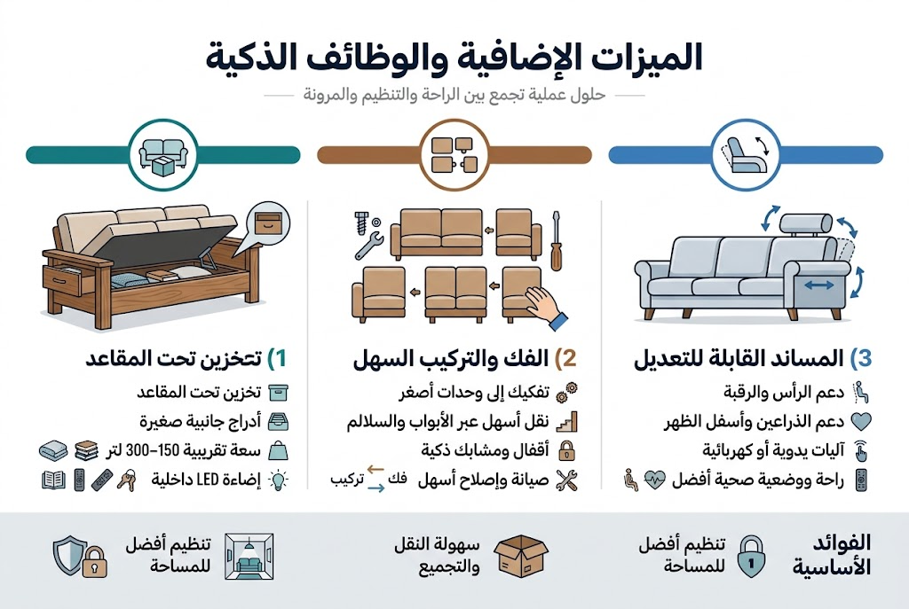 Aspect ratio 3:2, full-bleed modern infographic in Arabic, clean professional flat vector style, wide horizontal layout, white background with deep navy, teal, warm wood-brown, and soft gray accents, bold sans-serif Arabic typography, strong hierarchy, no frame, no borders.Top center: large bold title in Arabic: "الميزات الإضافية والوظائف الذكية"Under title: small subtitle line in gray: "حلول عملية تجمع بين الراحة والتنظيم والمرونة"Main layout: three wide horizontal sections across the page, each with a large numbered circle icon and a simple illustration.Left section with teal header bar and icon of a sofa with a storage box:Title: "1) التخزين المدمج"Show a three-seater wooden sofa with a lifted seat revealing storage space, plus a small side-drawer icon on the armrest.Include 4 short bullet labels with icons:"تخزين تحت المقاعد""أدراج جانبية صغيرة""سعة تقريبية 150–300 لتر""إضاءة LED داخلية"Add small mini-icons for blanket, books, remote, keys.Center section with warm brown header bar and icon of modular sofa parts:Title: "2) الفك والتركيب السهل"Show sofa units separated into parts with bolts, wrench, screwdriver, and a hand connecting modules.Include 4 short bullet labels with icons:"تفكيك إلى وحدات أصغر""نقل أسهل عبر الأبواب والسلالم""أقفال ومشابك ذكية""صيانة وإصلاح أسهل"Add a small arrow flow from "فك" to "تركيب".Right section with blue header bar and icon of adjustable headrest and armrest:Title: "3) المساند القابلة للتعديل"Show a sofa with adjustable headrest, armrest, and lower-back support, with arrows indicating movement.Include 4 short bullet labels with icons:"دعم الرأس والرقبة""دعم الذراعين وأسفل الظهر""آليات يدوية أو كهربائية""راحة ووضعية صحية أفضل"Add small icons for posture, heart/health, and remote control.Bottom strip across the full width, light gray with 3 compact benefit blocks and simple icons:Header text: "الفوائد الأساسية"Block 1: icon of tidy room, text: "تنظيم أفضل للمساحة"Block 2: icon of moving box, text: "سهولة النقل والتجميع"Block 3: icon of shield and child-safe lock, text: "سلامة ومتانة أعلى"Visual style details:Use clean line icons, subtle shadows, soft rounded corners, balanced spacing, aligned text blocks, clear infographic spacing, no extra text, no decorative clutter, elegant wood texture only on sofa illustration, professional catalog-quality finish.