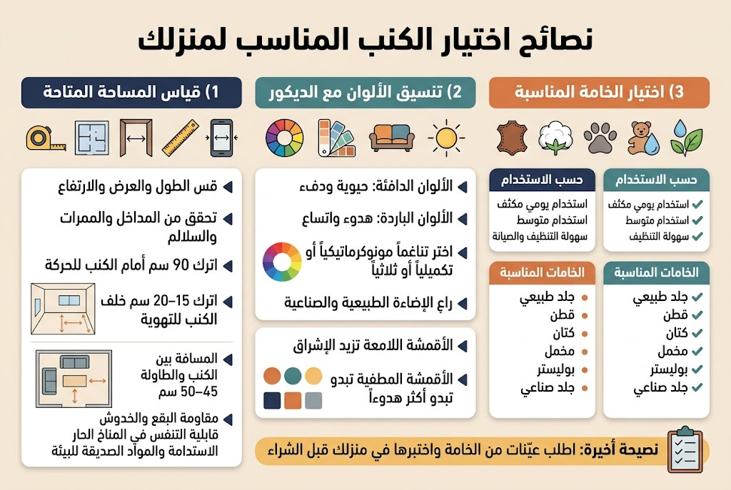 Create a clean professional Arabic infographic illustration in a full-bleed 3:2 landscape layout, modern flat design, soft beige background with navy, teal, warm orange, and muted gray accents, elegant Arabic sans-serif typography, strong visual hierarchy, crisp icons, no frame, no border, no poster mockup.Top center large bold title in Arabic:"نصائح اختيار الكنب المناسب لمنزلك"Below the title, organize the infographic into 3 wide horizontal columns with clear section headers and numbered points, each section with a distinct colored header bar and matching icons.Left column section header:"1) قياس المساحة المتاحة"Use an icon set: tape measure, floor plan, door width, ruler, smartphone measuring app.Include short bullet blocks with these exact texts:"قِس الطول والعرض والارتفاع""تحقق من المداخل والممرات والسلالم""اترك 90 سم أمام الكنب للحركة""اترك 15–20 سم خلف الكنب للتهوية""المسافة بين الكنب والطاولة 45–50 سم"Add a small simple room diagram with arrows showing distances.Middle column section header:"2) تنسيق الألوان مع الديكور"Use an icon set: color wheel, paint swatches, sofa color sample, sunlight icon.Include short bullet blocks with these exact texts:"الألوان الدافئة: حيوية ودفء""الألوان الباردة: هدوء واتساع""اختر تناغماً مونوكروماتيكياً أو تكميلياً أو ثلاثياً""راعِ الإضاءة الطبيعية والصناعية""الأقمشة اللامعة تزيد الإشراق""الأقمشة المطفية تبدو أكثر هدوءاً"Add a small color wheel graphic and three matching color swatches.Right column section header:"3) اختيار الخامة المناسبة"Use an icon set: leather swatch, cotton fabric, pet paw, child toy, water drop, eco leaf.Split this section into three stacked mini-blocks:Mini-block title:"حسب الاستخدام"Text:"استخدام يومي مكثف""استخدام متوسط""سهولة التنظيف والصيانة"Mini-block title:"الخامات المناسبة"Text:"جلد طبيعي""قطن""كتان""مخمل""بوليستر""جلد صناعي"Mini-block title:"اعتبارات مهمة"Text:"مقاومة البقع والخدوش""مناسبة للأطفال والحيوانات الأليفة""قابلية التنفس في المناخ الحار""الاستدامة والمواد الصديقة للبيئة"Add a bottom wide band across the full width with a highlighted callout and checklist icon:"نصيحة أخيرة: اطلب عيّنات من الخامة واختبرها في منزلك قبل الشراء"Use clean spacing, aligned cards, subtle shadows, clear Arabic labels, infographic-style arrows and checkmarks, balanced composition with no clutter.