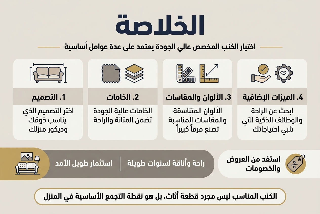 Create a full-bleed infographic illustration in 3:2 aspect ratio, modern clean Arabic design, professional flat vector style, soft neutral background with elegant beige, warm gray, navy, and muted gold accents. Use bold Arabic sans-serif typography, strong visual hierarchy, and wide horizontal composition with 3 main content blocks across the center, plus a bottom summary strip. No vertical poster frame, no inset margins.Top center: large bold title in Arabic: "الخلاصة" in dark navy.Below the title, place a short subtitle line in smaller text: "اختيار الكنب المخصص عالي الجودة يعتمد على عدة عوامل أساسية".Center area split into 4 clearly separated horizontal cards or blocks with icons:1) Left block: a sofa design icon and the heading "1. التصميم" with body text:"اختر التصميم الذي يناسب ذوقك وديكور منزلك"2) Second block: fabric swatch and material icon with the heading "2. الخامات" with body text:"الخامات عالية الجودة تضمن المتانة والراحة"3) Third block: color palette and size ruler icon with the heading "3. الألوان والمقاسات" with body text:"الألوان المتناسقة والمقاسات المناسبة تصنع فرقاً كبيراً"4) Right block: comfort and smart features icon with the heading "4. الميزات الإضافية" with body text:"ابحث عن الراحة والوظائف الذكية التي تلبي احتياجاتك"Add a wide lower strip with a gold accent and a sofa-living-room icon on the left, containing two short text callouts separated by a divider:"استثمار طويل الأمد""راحة وأناقة لسنوات طويلة"Add a bottom-right callout box with a discount tag icon and the text:"استفد من العروض والخصومات"Bottom center in a highlighted rounded banner, include the concluding message in Arabic:"الكنب المناسب ليس مجرد قطعة أثاث، بل هو نقطة التجمع الأساسية في المنزل"