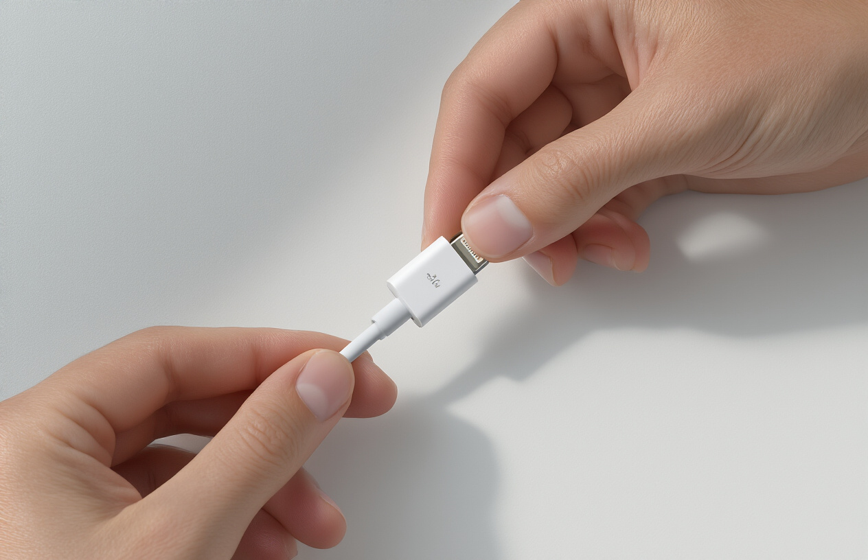 Create a realistic image of a close-up view of someone's hands examining an authentic white Apple Lightning cable, with the cable laid flat on a clean white surface, showing detailed inspection of the connector head, cable texture, and build quality, with soft natural lighting from above highlighting the cable's features and craftsmanship, absolutely NO text should be in the scene.