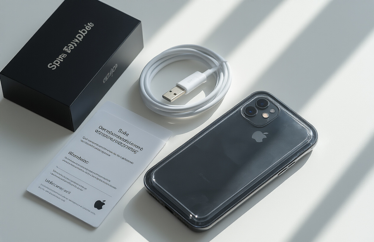 Create a realistic image of an authentic Apple iPhone cable in its original packaging box alongside official Apple documentation including warranty cards and user manual, displayed on a clean white surface with soft natural lighting from above, showing the pristine condition and official Apple branding elements of genuine packaging materials, with the cable partially visible through clear packaging window, absolutely NO text should be in the scene.