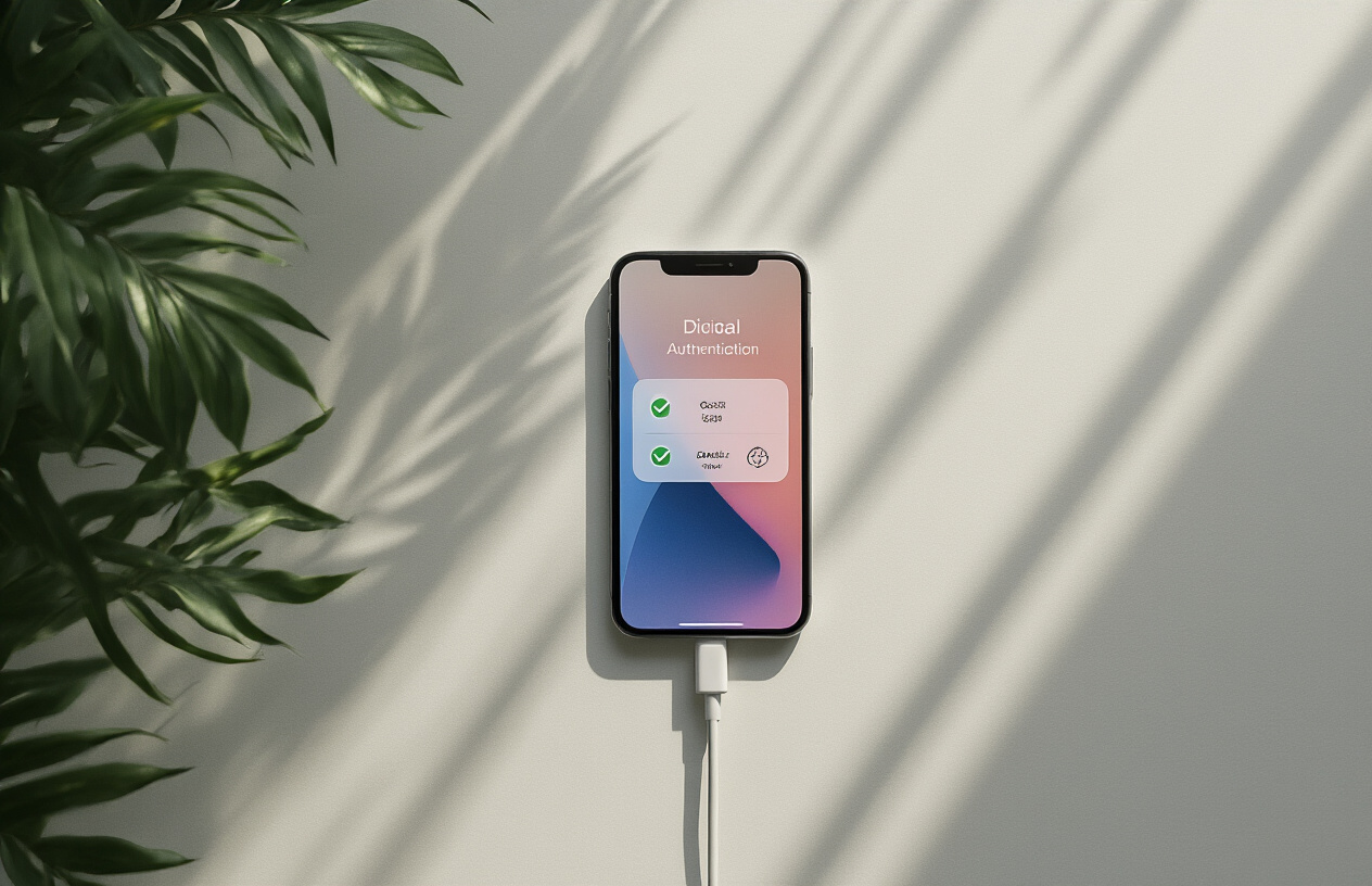 Create a realistic image of an iPhone connected to a Lightning cable placed on a clean white desk surface, with the iPhone screen displaying a digital authentication or verification interface with checkmarks and security icons, showing the cable authentication process in progress, with soft natural lighting from above creating gentle shadows, and a minimalist modern background. Absolutely NO text should be in the scene.