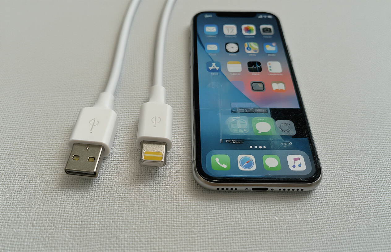 Create a realistic image of a close-up comparison showing two iPhone charging cables side by side on a clean white surface, one genuine Apple cable with high-quality materials and precise manufacturing details, and one counterfeit cable displaying obvious warning signs like poor build quality, frayed edges, uneven coloring, cheap plastic connectors, and visible manufacturing defects, with soft natural lighting highlighting the differences between authentic and fake cables, absolutely NO text should be in the scene.