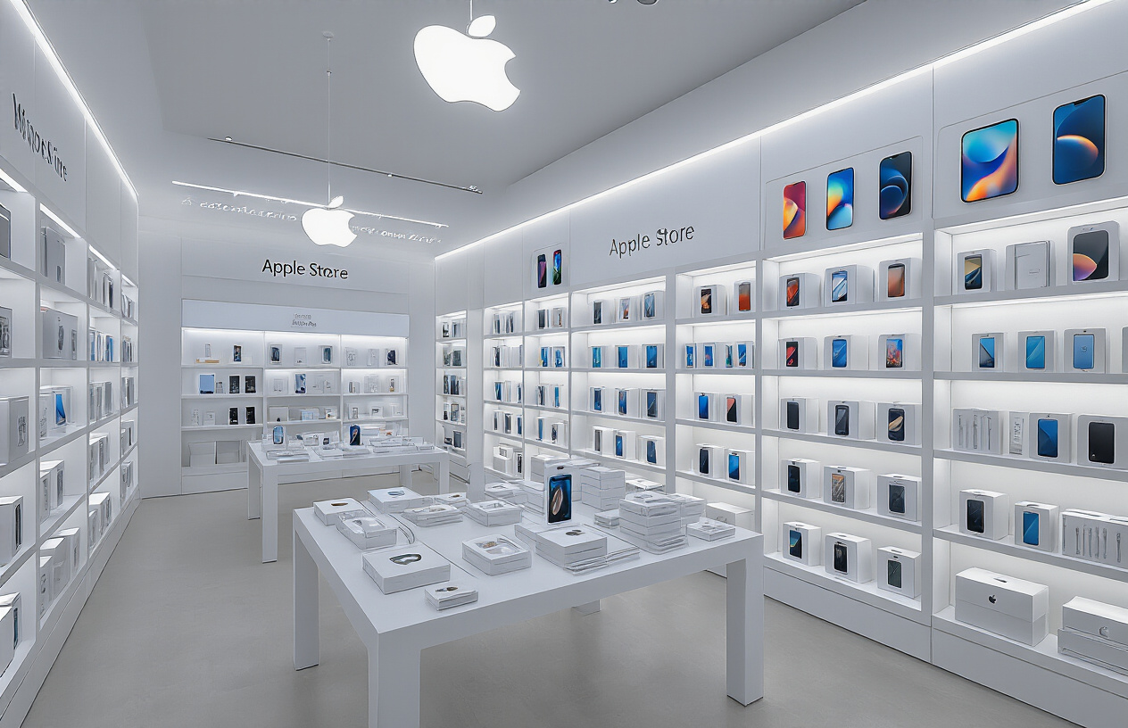 Create a realistic image of an official Apple Store interior with pristine white shelving displaying genuine Apple Lightning cables in their original packaging, featuring the iconic Apple logo and clean product presentation, with bright white LED lighting creating a premium retail atmosphere, showing authorized retailer certifications and official Apple branding elements visible on walls and displays, captured from a customer's perspective browsing authentic iPhone accessories, with a modern minimalist store design and professional retail environment. Absolutely NO text should be in the scene.