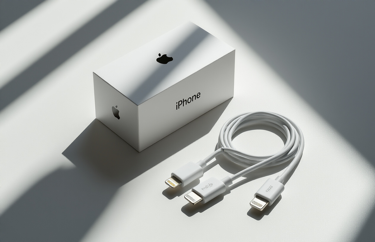 Create a realistic image of an iPhone lightning cable in pristine white color lying on a clean white surface next to its original Apple packaging box, with soft natural lighting from above creating subtle shadows, showing the cable's connector end clearly visible with authentic Apple branding details, positioned at a slight angle to display both the cable and packaging that suggests verification and authenticity, with a minimalist background that conveys trust and reliability, absolutely NO text should be in the scene.