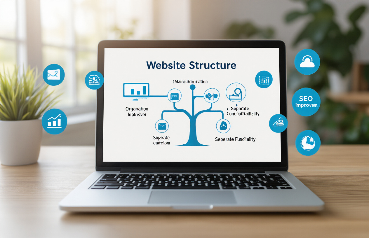 Create a realistic image of a clean, modern computer workspace showing a laptop screen displaying a website structure diagram with a main domain branching out to multiple subdomains represented as connected nodes or tree branches, with floating icons around the screen showing various subdomain benefits like organization, SEO improvement, and separate functionality, set against a bright office background with natural lighting, absolutely NO text should be in the scene.