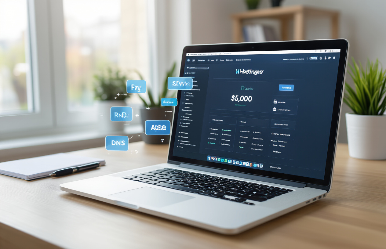 Create a realistic image of a modern computer screen displaying the Hostinger web hosting dashboard interface with domain management sections visible, a sleek white laptop on a clean wooden desk, technical requirements checklist items like domain ownership verification and DNS settings represented by floating digital icons around the screen, professional workspace setting with soft natural lighting from a window, organized desk accessories including a notepad and pen, warm and focused atmosphere suggesting preparation and planning stages, absolutely NO text should be in the scene.