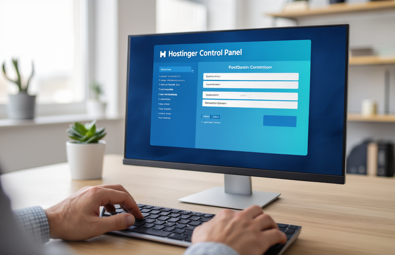 Create a realistic image of a computer screen displaying the Hostinger control panel interface with subdomain creation sections visible, showing form fields and navigation menus, a person's hands typing on a keyboard in the foreground, clean modern office desk setup with good lighting, professional atmosphere, focus on the step-by-step process visualization on the monitor, absolutely NO text should be in the scene.