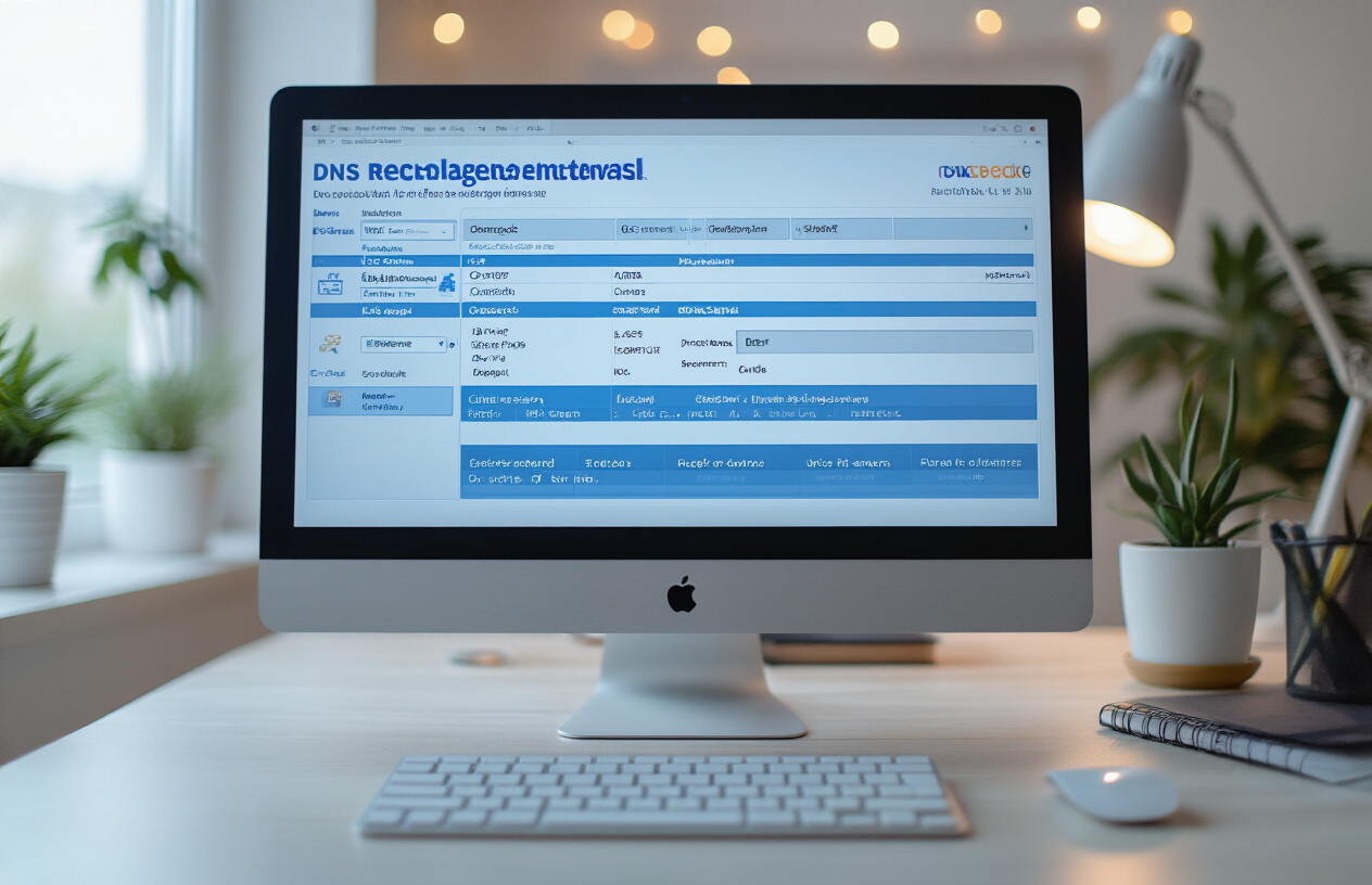 Create a realistic image of a computer screen displaying a DNS management interface with various DNS record fields like A, CNAME, and MX records, showing configuration options for subdomain settings, with a clean modern web browser interface, soft office lighting, and a minimalist desk setup in the background, absolutely NO text should be in the scene.