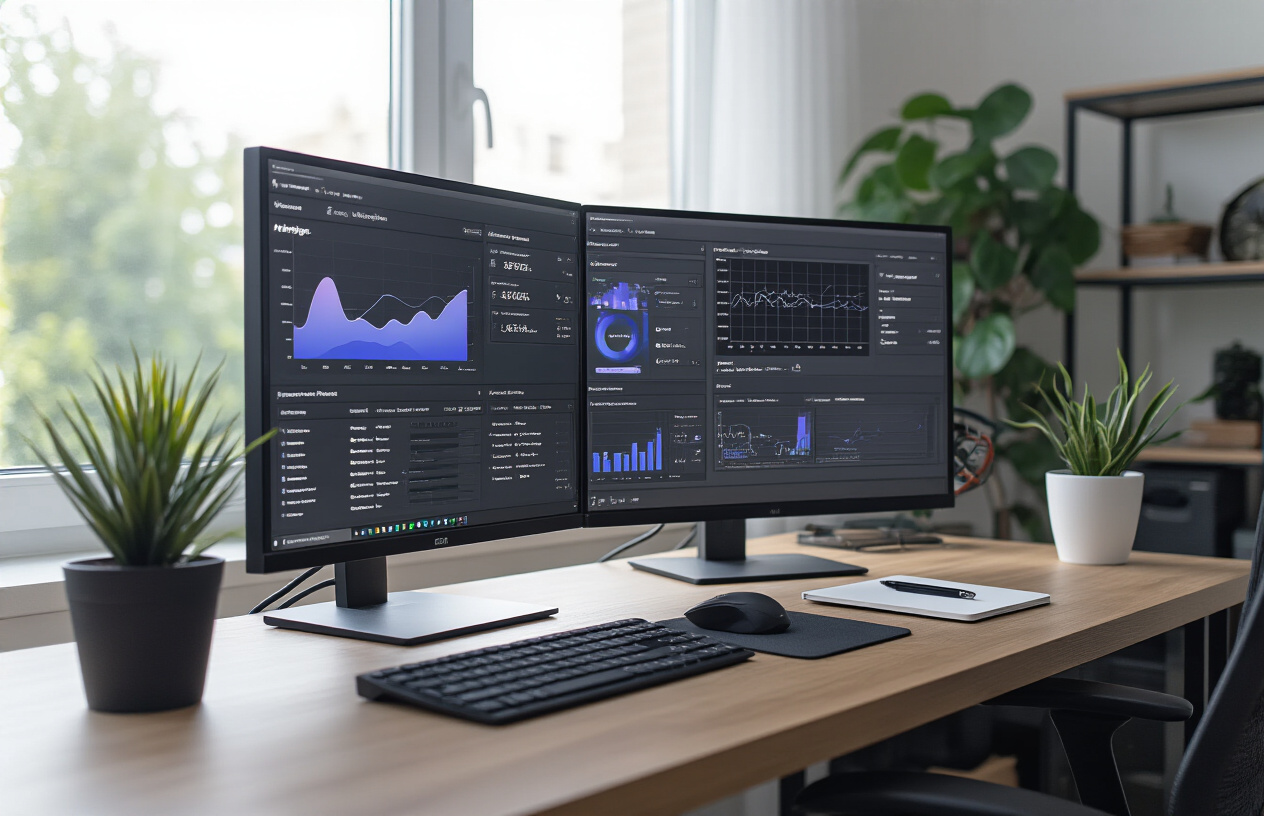 Create a realistic image of a modern computer workstation with dual monitors displaying the Hostinger control panel interface showing subdomain management tools, performance analytics graphs, and optimization settings, with a clean organized desk setup featuring a wireless keyboard, mouse, and notebook with pen, set against a professional home office background with soft natural lighting from a window, absolutely NO text should be in the scene.