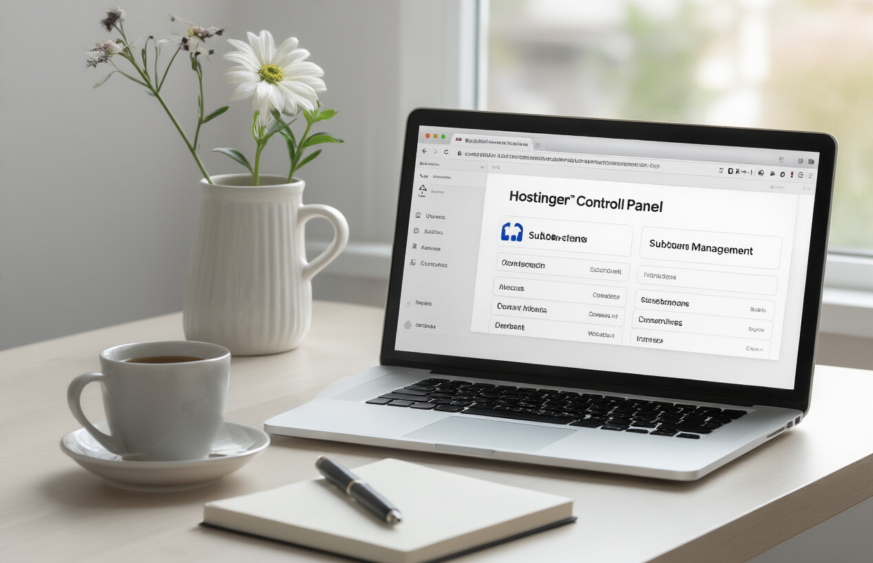 Create a realistic image of a clean, modern computer workspace showing a laptop displaying the Hostinger control panel interface with subdomain management section visible on screen, surrounded by a minimalist desk setup with a coffee cup and notebook, soft natural lighting from a window creating a professional and accomplished atmosphere, representing successful completion of subdomain creation process, absolutely NO text should be in the scene.
