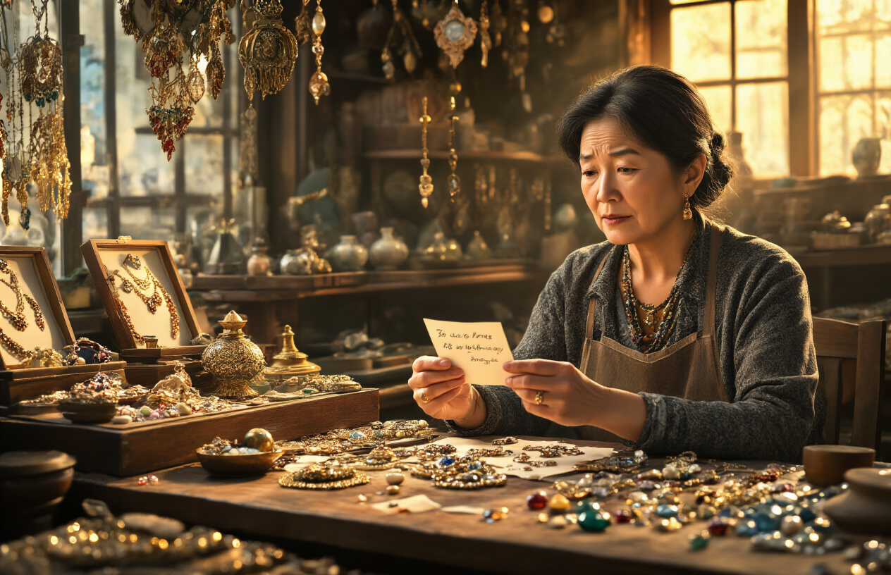 Create a realistic image of a middle-aged Asian female shop owner sitting at a cluttered wooden desk in a small jewelry workshop, surrounded by scattered gemstones, ornate jewelry pieces, and crafting tools, holding a small handwritten note or discovery in her hands with an expression of amazement and realization, warm golden lighting filtering through a window casting dramatic shadows across vintage jewelry displays and ornament cases in the background, creating an atmosphere of eureka moment and breakthrough discovery, absolutely NO text should be in the scene.