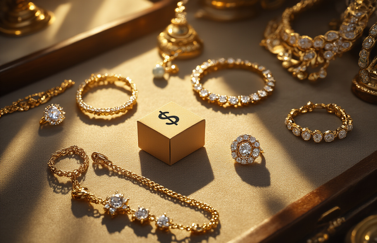 Create a realistic image of a close-up view of a small, simple $3 item or tool lying on a jewelry shop counter, surrounded by expensive-looking jewelry pieces like diamond rings, gold necklaces, and ornate bracelets, with dramatic lighting casting shadows that emphasize the contrast between the modest $3 object and the luxurious jewelry, creating a sense of mystery and revelation, with warm golden lighting highlighting the scene to convey the shocking nature of this simple secret, absolutely NO text should be in the scene.