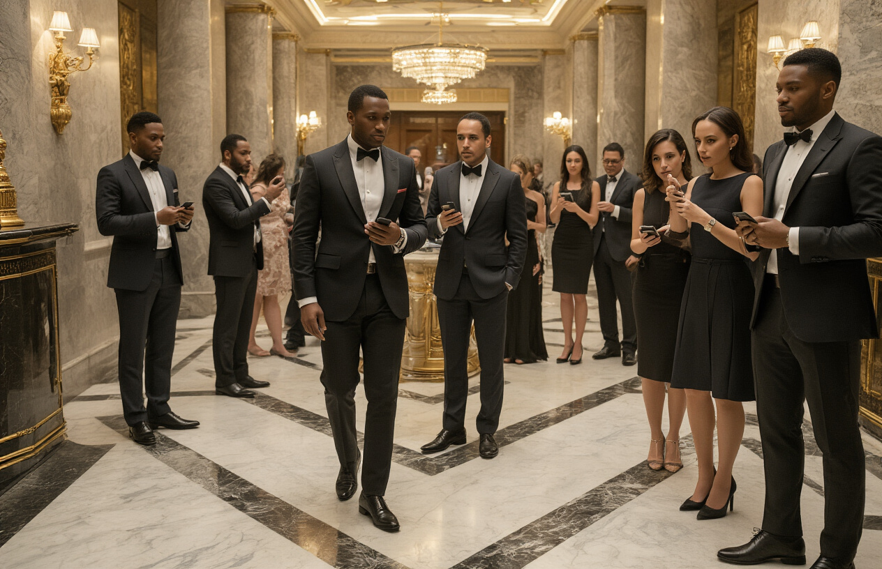 Create a realistic image of elegant wealthy individuals in expensive suits and formal attire gathered in an upscale setting, with a diverse group including white and black males and females, some holding smartphones and whispering to each other, conveying the spreading of exclusive information through word-of-mouth networks, luxurious interior with marble surfaces and gold accents in the background, sophisticated lighting creating an atmosphere of exclusivity and intrigue, people appearing engaged in discreet conversations with expressions of curiosity and excitement, absolutely NO text should be in the scene.