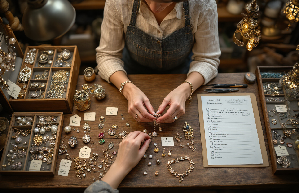 Create a realistic image of a small jewelry shop owner's hands carefully arranging delicate ornaments and jewelry pieces on a wooden counter, with a detailed step-by-step instruction manual or checklist visible nearby, surrounded by various jewelry-making tools, small price tags, and organized display cases filled with sparkling accessories, warm ambient lighting creating a cozy workshop atmosphere, shot from above to show the methodical organization and implementation process, absolutely NO text should be in the scene.