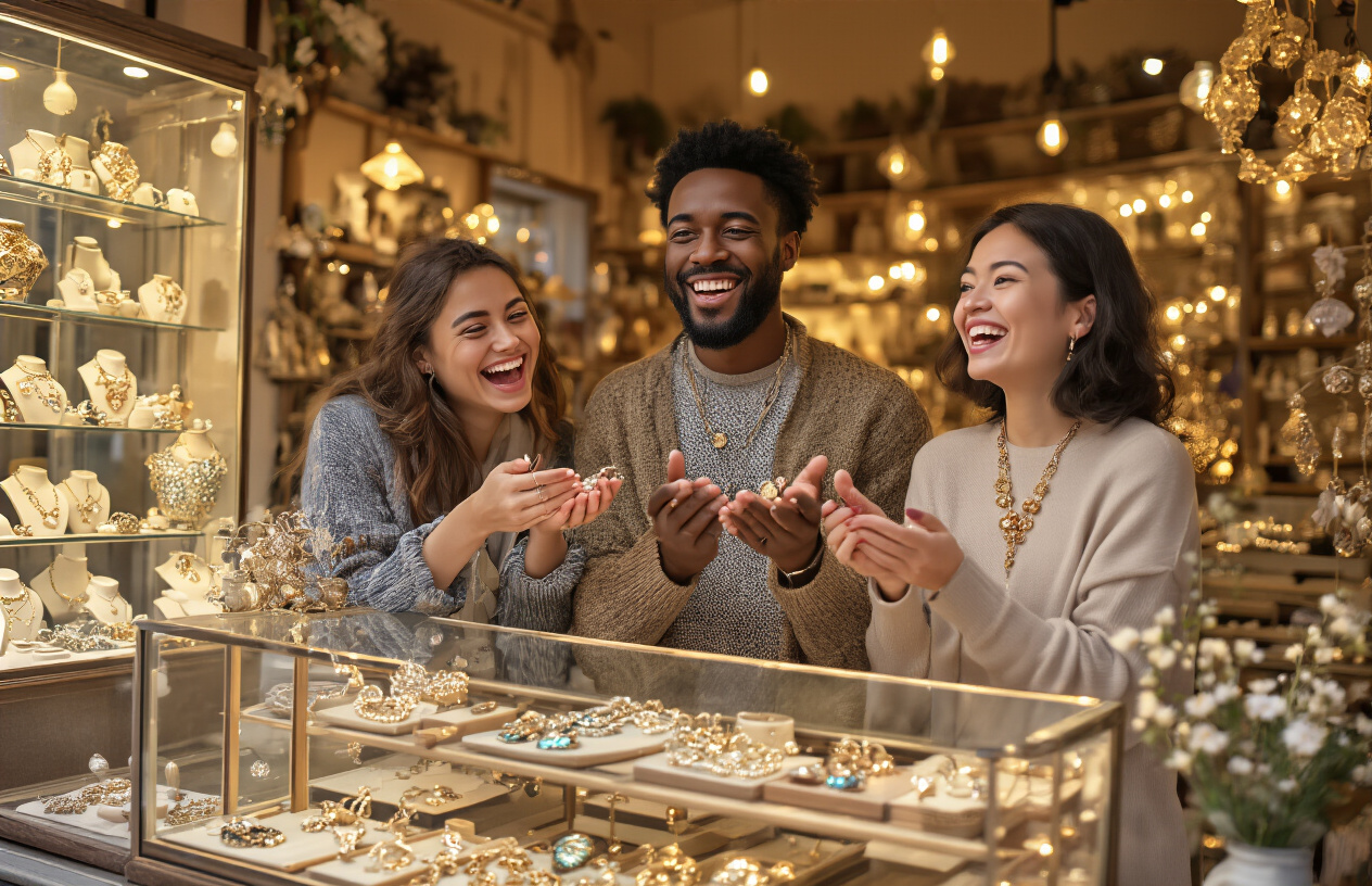 Create a realistic image of a diverse group of happy customers including a white female, black male, and Asian female holding beautiful handcrafted jewelry pieces and ornaments, showing genuine expressions of joy and amazement while standing in front of a small, cozy jewelry shop with warm golden lighting, sparkling display cases filled with delicate accessories, and a welcoming atmosphere that conveys transformation and satisfaction, absolutely NO text should be in the scene.