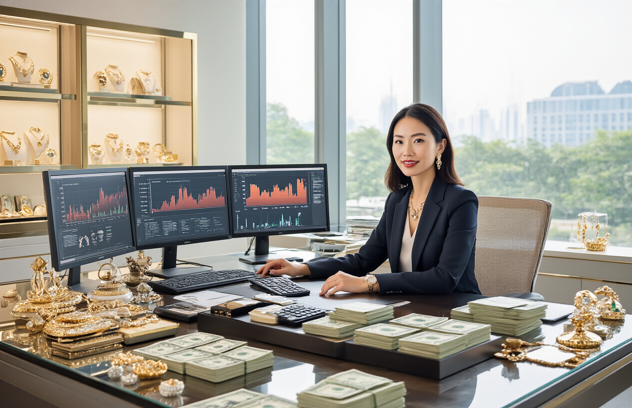 Create a realistic image of a professional Asian female business owner in a modern office environment, sitting at a sleek desk with multiple computer monitors displaying growth charts and profit analytics, surrounded by elegant jewelry display cases and ornament samples, with stacks of money and calculators on the desk, bright natural lighting from large windows, conveying success and strategic planning atmosphere, with luxurious jewelry pieces artfully arranged in the foreground, absolutely NO text should be in the scene.
