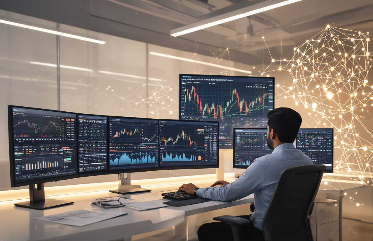 Create a realistic image of a modern Indian financial analyst's workspace showing multiple computer monitors displaying stock market data, portfolio charts, and Indian market indices like Sensex and Nifty, with an Indian male professional in business attire sitting at the desk analyzing data, surrounded by a sleek office environment with artificial intelligence visualization elements like glowing neural network patterns subtly overlaying the financial charts, warm professional lighting illuminating the scene, and the overall atmosphere conveying advanced technology meeting traditional financial analysis in an Indian corporate setting, absolutely NO text should be in the scene.