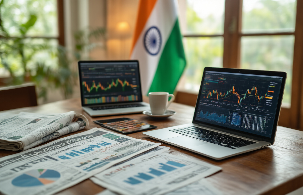 Create a realistic image of a modern Indian business setting with financial newspapers, stock market charts, and portfolio documents spread across a wooden desk, alongside a laptop displaying colorful financial graphs and data analytics, with the Indian flag subtly visible in the background, warm natural lighting from a window, and a professional atmosphere conveying the impact of news events on investment portfolios, absolutely NO text should be in the scene.