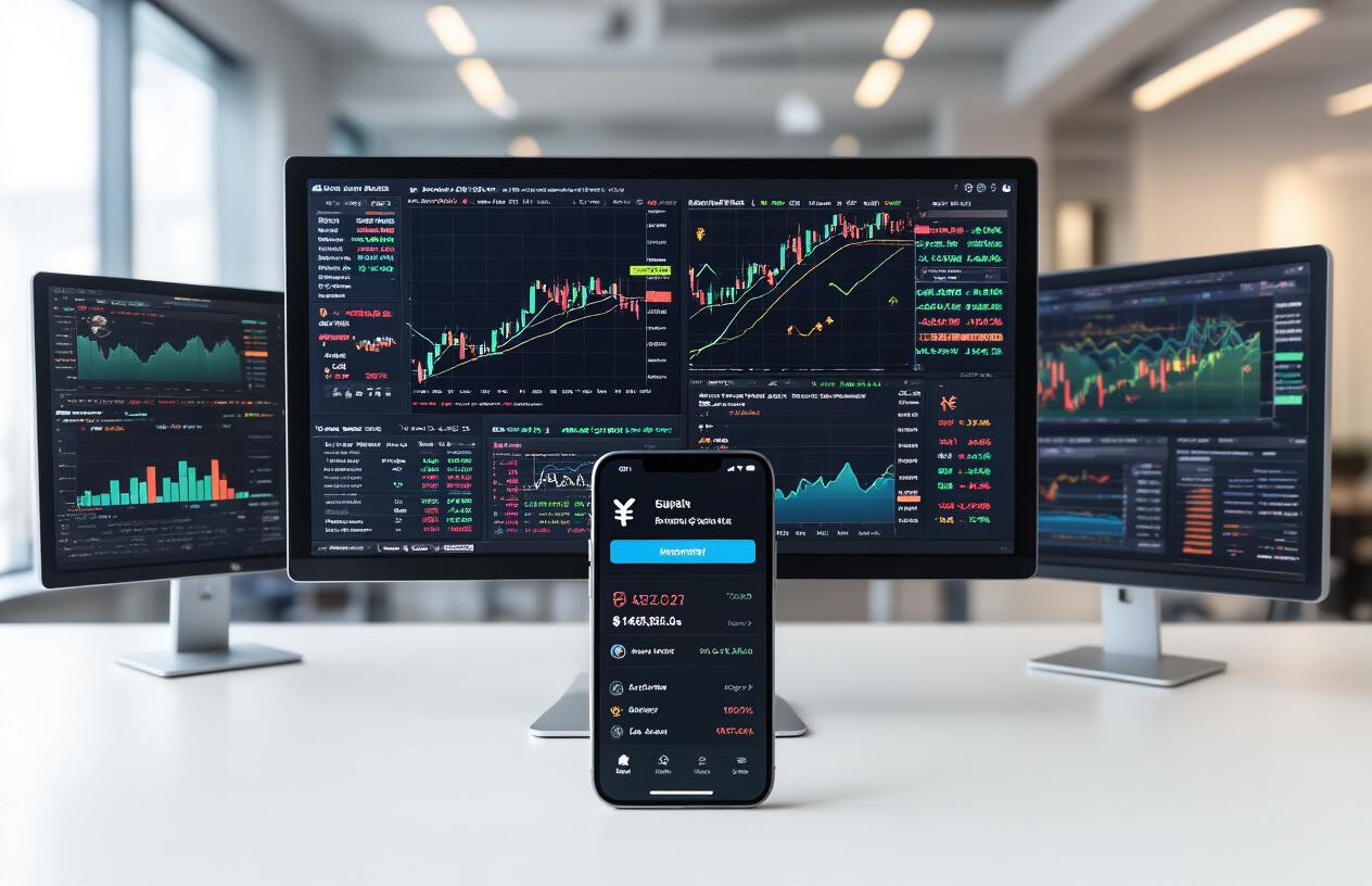 Create a realistic image of a modern financial workspace showing multiple computer monitors displaying colorful stock charts, portfolio graphs, and market data analytics, with a sleek smartphone showing notification alerts in the foreground, Indian rupee symbols and upward trending arrows subtly integrated into the data visualizations, soft professional lighting illuminating the high-tech trading setup, clean modern office environment with a focus on the glowing screens showing positive investment returns and market intelligence, absolutely NO text should be in the scene.
