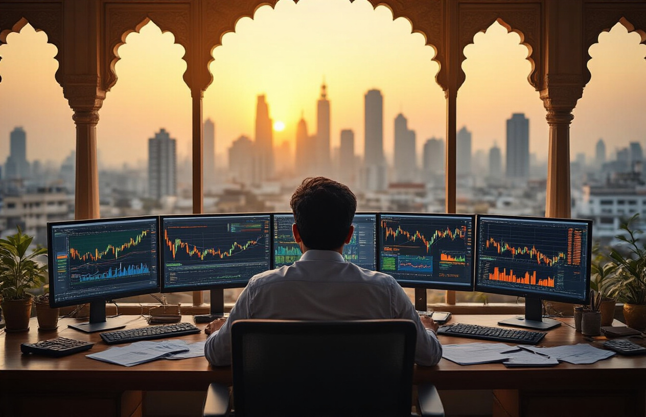 Create a realistic image of an Indian male financial analyst in his 30s sitting at a modern desk with multiple computer monitors displaying colorful stock charts, financial graphs, and data analytics dashboards, surrounded by traditional Indian architectural elements visible through a window showing Mumbai's skyline, with warm golden lighting creating a professional atmosphere, financial documents and calculators scattered on the desk, the scene conveying serious analytical work in India's financial sector, absolutely NO text should be in the scene.