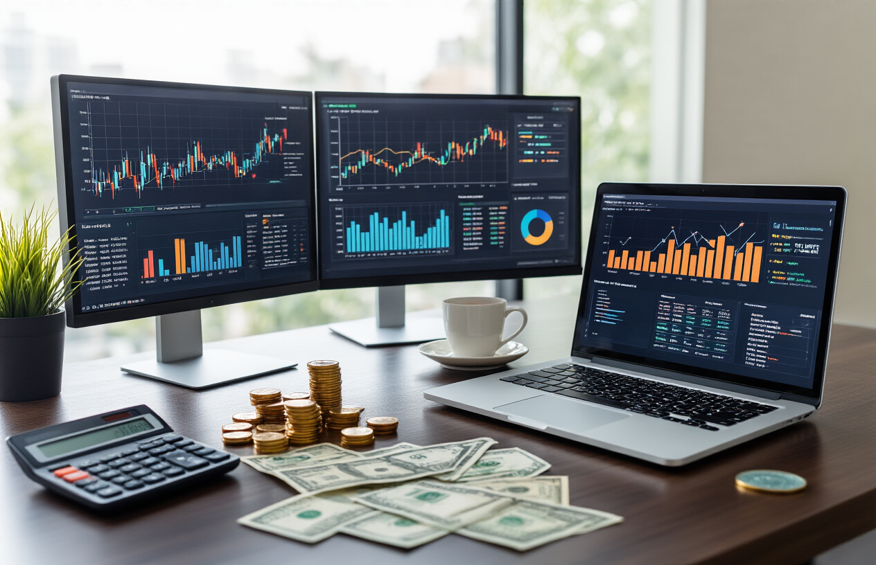 Create a realistic image of a modern Indian office setting with AI-powered financial analytics displayed on multiple computer monitors showing colorful cash flow charts, graphs with upward and downward trending arrows, and data visualization dashboards, with a sleek laptop open displaying financial spreadsheets, surrounded by Indian rupee currency notes and coins scattered on a dark wooden desk, complemented by a calculator, financial documents, and a coffee cup, set against a professional office background with soft natural lighting from a window, creating a focused analytical atmosphere. Absolutely NO text should be in the scene.
