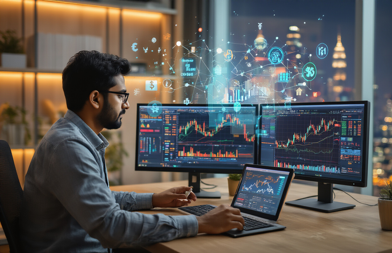 Create a realistic image of an Indian male investor in his 30s sitting at a modern desk with dual computer monitors displaying colorful financial charts, graphs, and stock market data, with floating holographic AI-powered analytics symbols like neural network nodes and algorithmic patterns overlaying the screens, Indian rupee symbols and stock market indicators visible on the displays, a tablet showing P/E ratios and cash flow charts, warm office lighting creating a professional atmosphere, with a subtle background of Mumbai's financial district skyline through a window, conveying a sense of successful completion and mastery of AI-driven fundamental analysis, absolutely NO text should be in the scene.