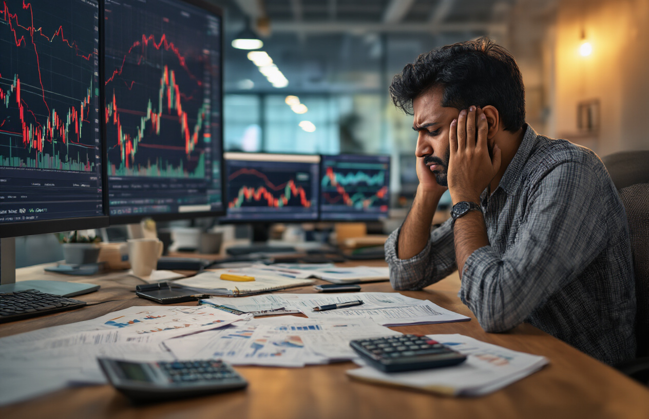 Create a realistic image of a concerned Indian male trader in his 30s sitting at a modern trading desk with multiple computer monitors displaying Indian stock market charts with red downward trending lines, scattered financial documents and notebooks around the workspace, a calculator and smartphone nearby, warm office lighting creating shadows that emphasize the stress on his face as he holds his head in one hand while looking at declining stock prices, modern Indian office environment in the background with subtle Indian corporate elements, mood conveying the challenge and emotional difficulty of managing investment losses, Absolutely NO text should be in the scene.