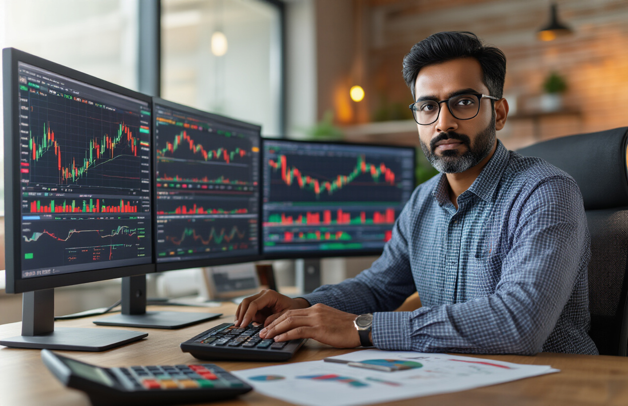 Create a realistic image of a professional Indian male trader in his 30s sitting at a modern desk with multiple computer monitors displaying colorful stock charts, candlestick patterns, and risk management dashboards specific to Indian stock market data, with red and green indicators showing stop-loss levels, the background shows a contemporary office environment with warm lighting, calculator and financial documents scattered on the desk, the mood is focused and analytical, absolutely NO text should be in the scene.