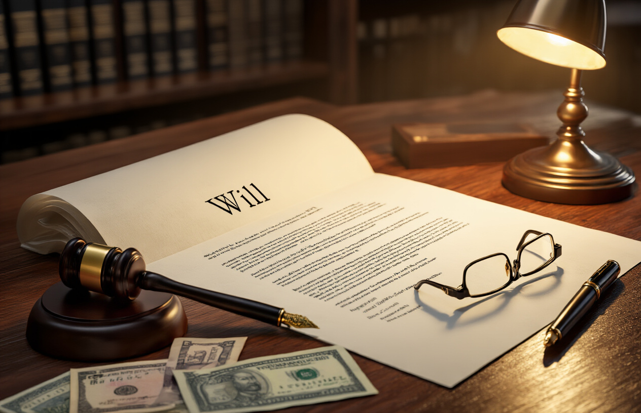 Create a realistic image of an elegant wooden desk with an open legal document resembling a will with formal formatting, surrounded by a vintage fountain pen, reading glasses, a small gavel, and scattered Indian currency notes, with a soft warm lighting from a desk lamp creating gentle shadows, set against a professional law office background with blurred bookshelves, conveying a serious and trustworthy atmosphere for legal planning and asset distribution, absolutely NO text should be in the scene.